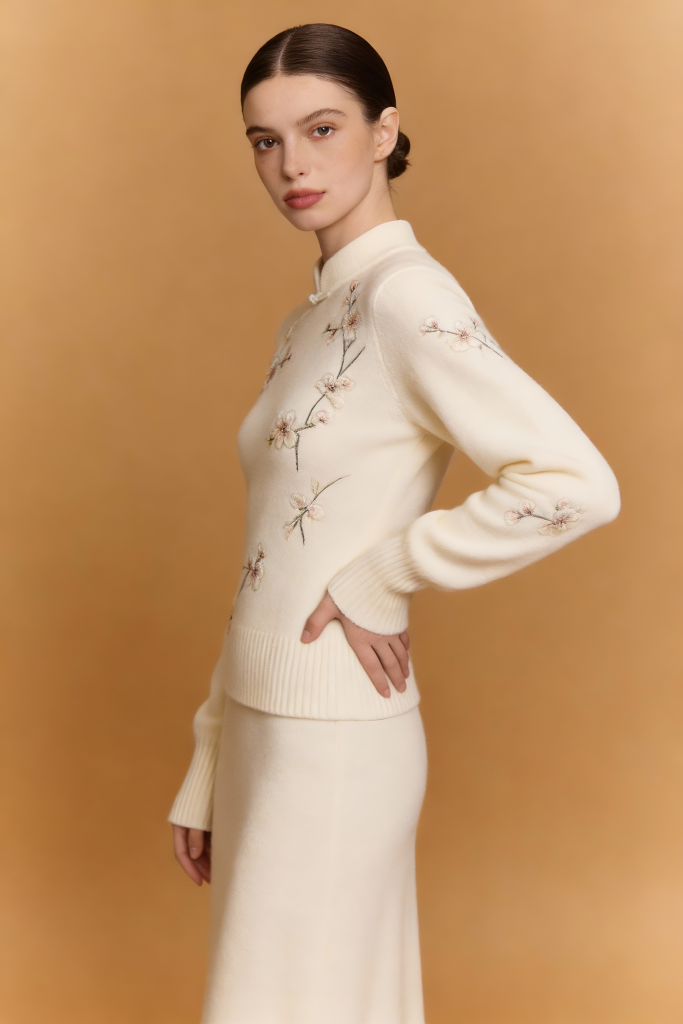 Woman wearing a cream-colored sweater with floral embroidery against a beige background
