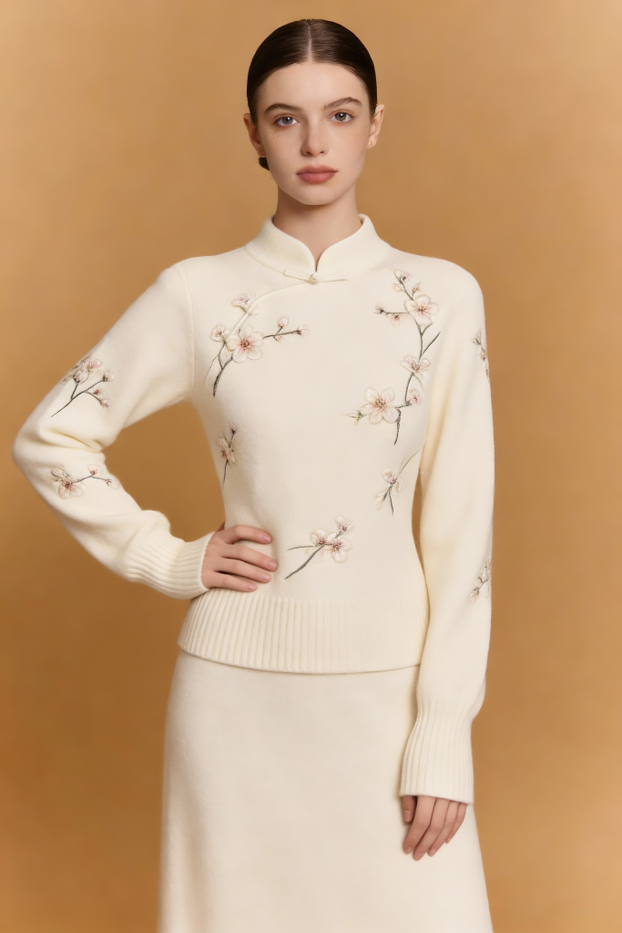 Woman wearing a cream-colored sweater with floral embroidery against a beige background