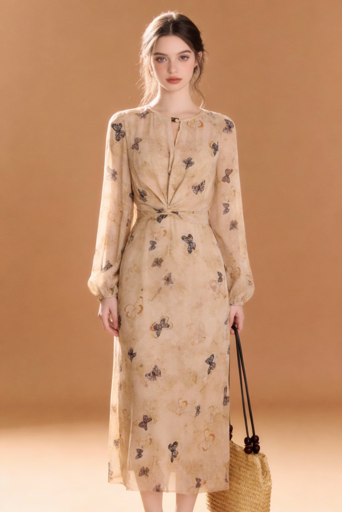 Woman wearing Vintage Butterfly Print Chiffon Midi Dress - Beige Elegant Long Sleeve A-Line Dress against a brown background