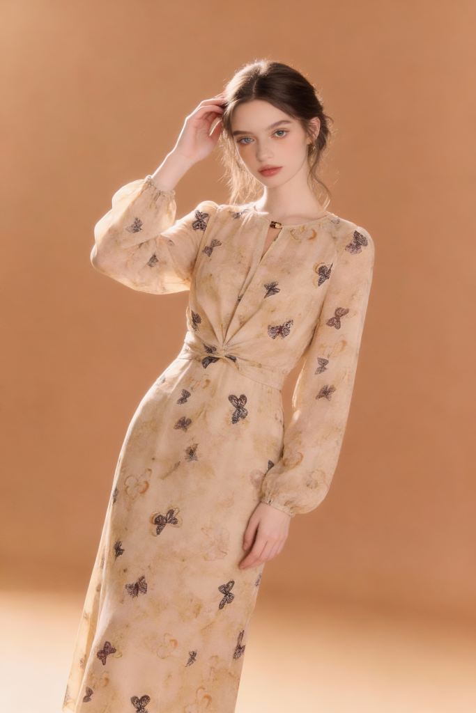 Woman wearing Vintage Butterfly Print Chiffon Midi Dress - Beige Elegant Long Sleeve A-Line Dress against a brown background