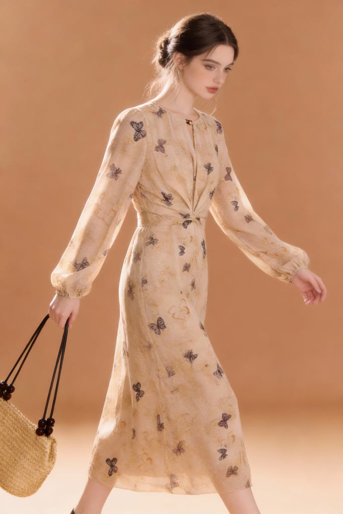 Woman wearing Vintage Butterfly Print Chiffon Midi Dress - Beige Elegant Long Sleeve A-Line Dress against a brown background