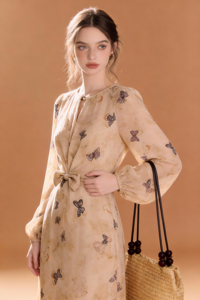 Woman wearing Vintage Butterfly Print Chiffon Midi Dress - Beige Elegant Long Sleeve A-Line Dress , holding a straw bag against a brown background