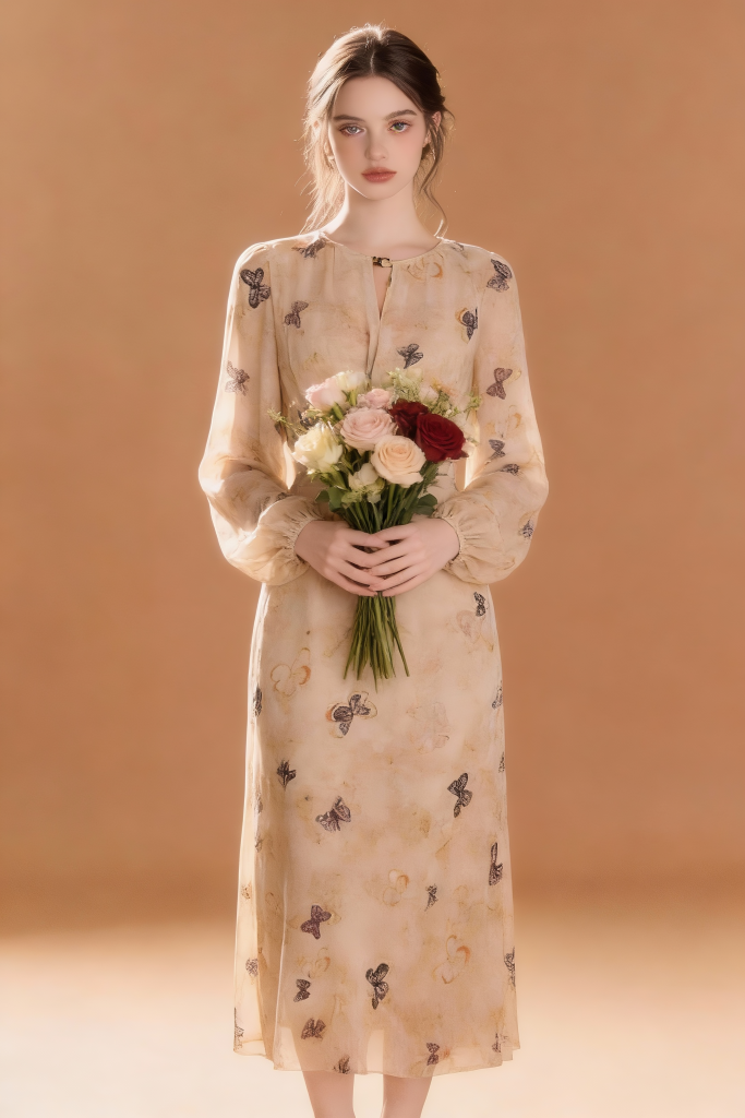Woman wearing Vintage Butterfly Print Chiffon Midi Dress - Beige Elegant Long Sleeve A-Line Dress  holding flowers against a brown background