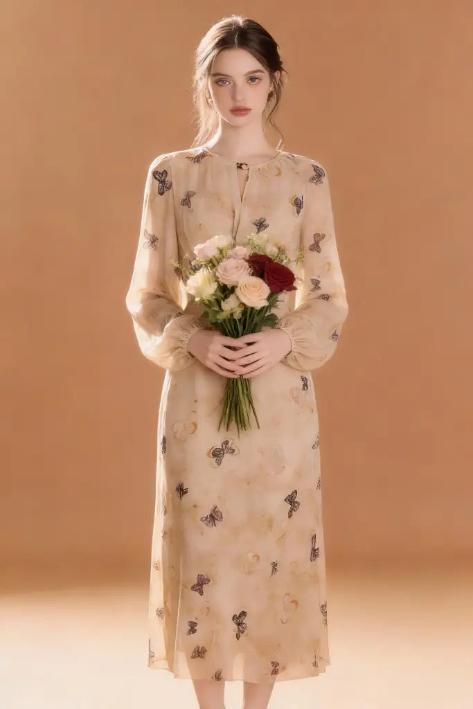 butterfly print chiffon dress Butterfly Print Lace & Silk Chiffon Plunge Neck Dress (Women)