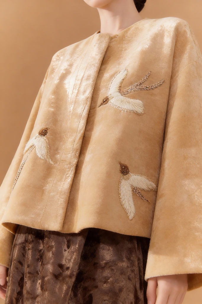 Woman wearing a Artisan Embroidered Linen Jacket with Bird Motifs - Beige Handcrafted Outerwear on a brown background
