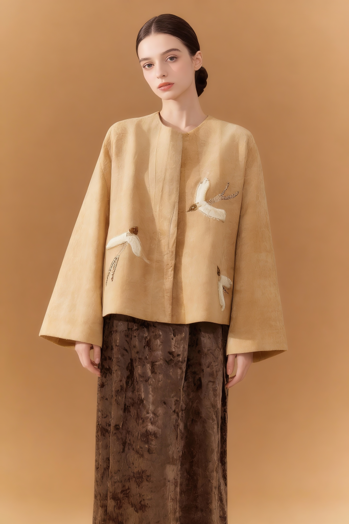 Woman wearing a Artisan Embroidered Linen Jacket with Bird Motifs - Beige Handcrafted Outerwear on a brown background