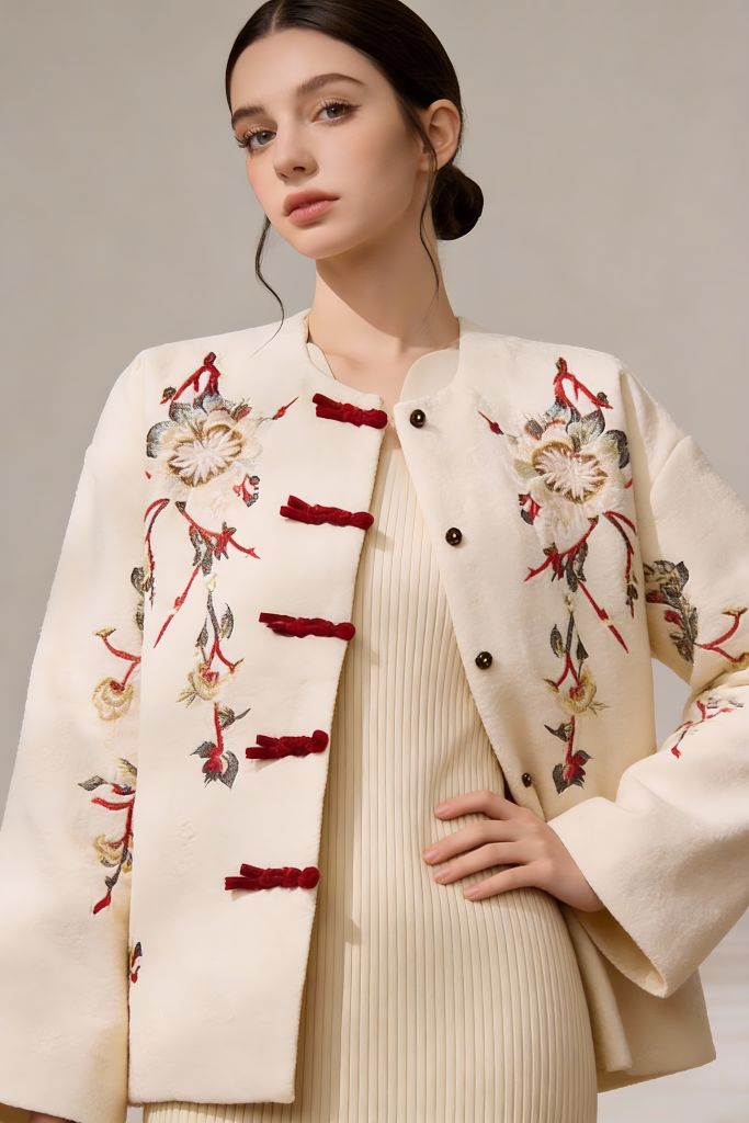 Woman wearing a cream-colored Embroidered Wool Blend Jacket with Floral Patterns & Frog Buttons on a neutral background