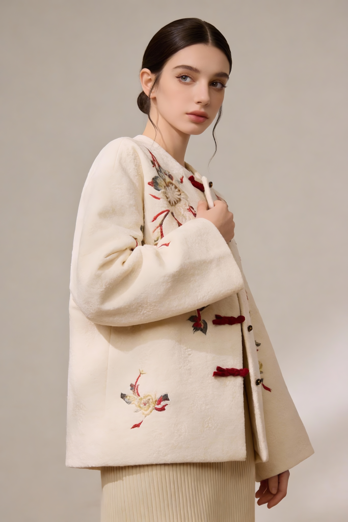 Woman wearing a cream-colored Embroidered Wool Blend Jacket with Floral Patterns & Frog Buttons on a neutral background