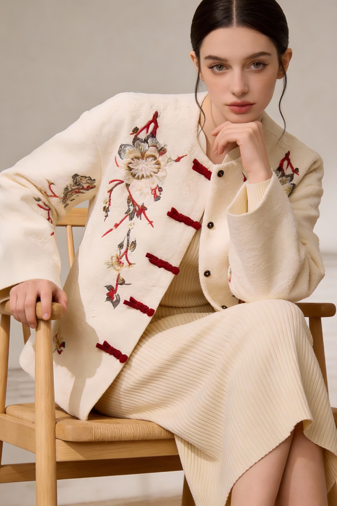 Woman wearing a cream-colored Embroidered Wool Blend Jacket with Floral Patterns & Frog Buttons on a neutral background