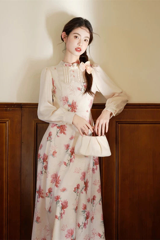 Elegant Chinese Qipao Dress - Floral Print Long Sleeve Midi Dress with Stand Collar