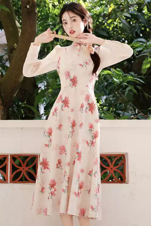 Elegant Chinese Qipao Dress - Floral Print Long Sleeve Midi Dress with Stand Collar