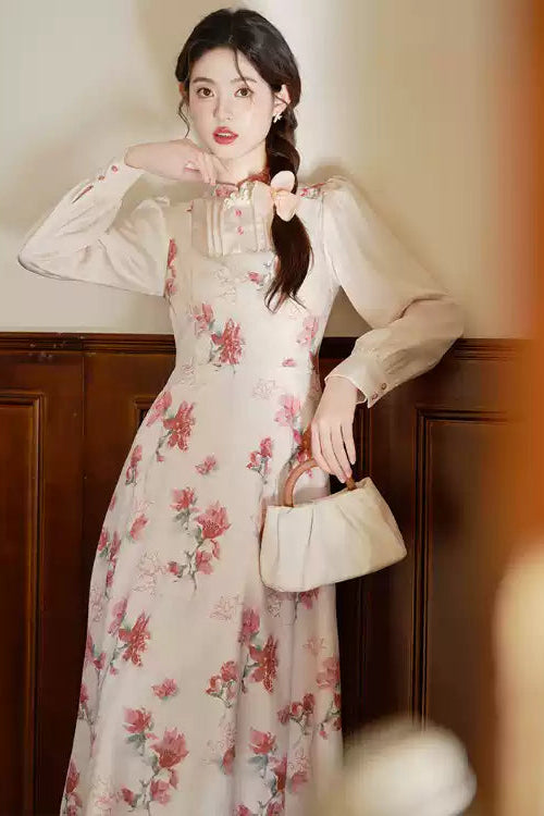Elegant Chinese Qipao Dress - Floral Print Long Sleeve Midi Dress with Stand Collar
