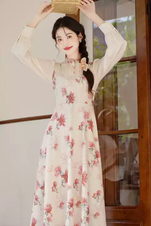 Elegant Chinese Qipao Dress - Floral Print Long Sleeve Midi Dress with Stand Collar