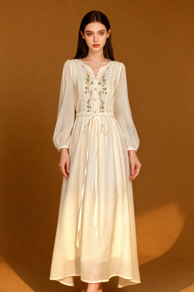 Romantic Embroidered V-Neck Maxi Dress - White Boho Chic Long Sleeve Evening Gown