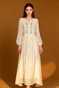 Romantic Embroidered V-Neck Maxi Dress - White Boho Chic Long Sleeve Evening Gown