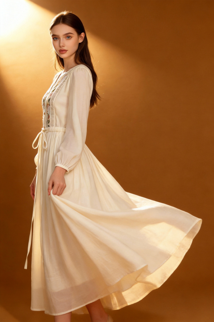 Romantic Embroidered V-Neck Maxi Dress - White Boho Chic Long Sleeve Evening Gown