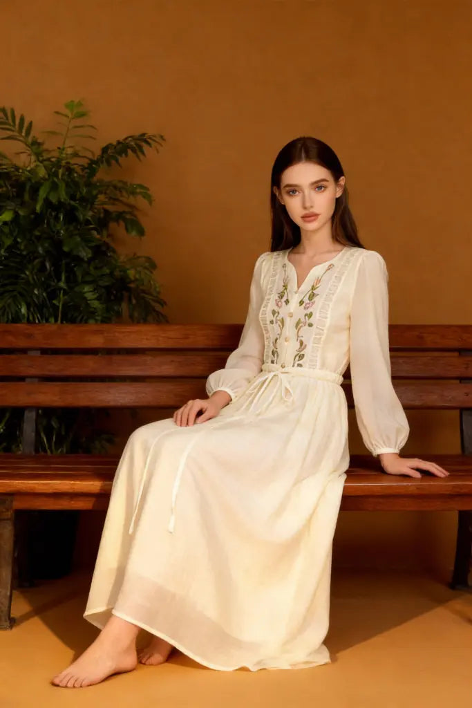 Woman wearing a Romantic Embroidered V-Neck Maxi Dress - White Boho Chic Long Sleeve Evening Gown on a brown background