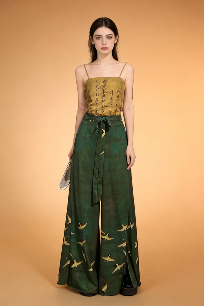 Vintage Chinese Calligraphy Print Camisole with Crane Pattern Wide-Leg Pants Set