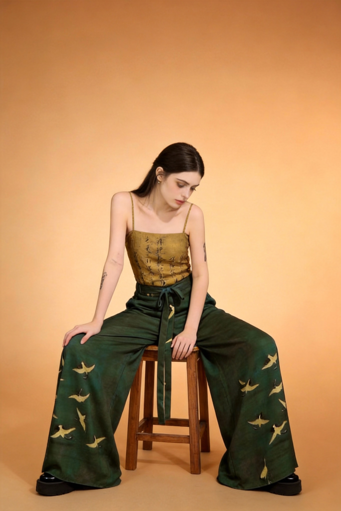 Vintage Chinese Calligraphy Print Camisole with Crane Pattern Wide-Leg Pants Set