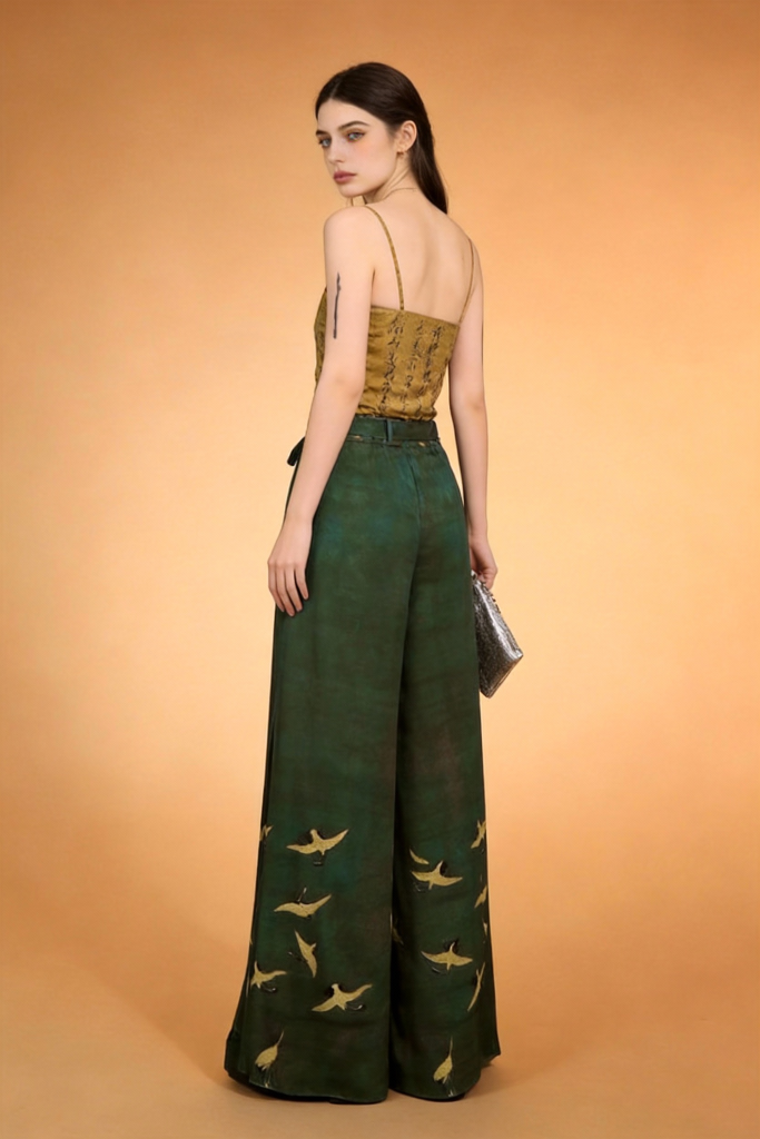 Vintage Chinese Calligraphy Print Camisole with Crane Pattern Wide-Leg Pants Set