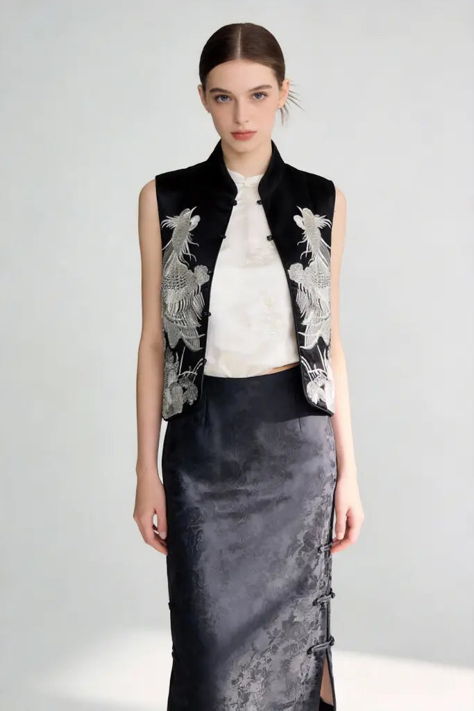 Woman wearing a Traditional Chinese Phoenix Embroidery Vest & Gradient Skirt Set - Elegant Oriental Fashion on a light gray background