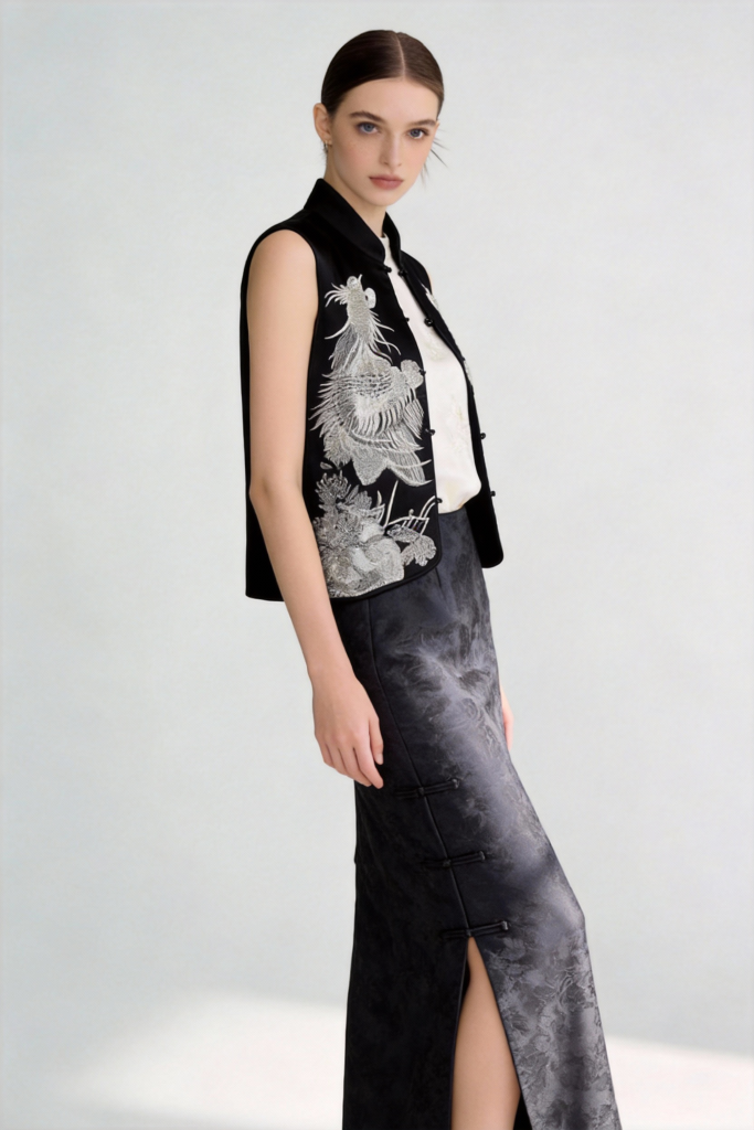 Traditional Chinese Phoenix Embroidery Vest & Gradient Skirt Set - Elegant Oriental Fashion