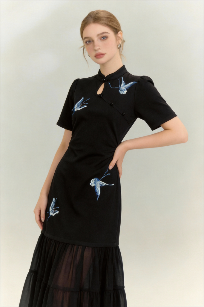 Traditional Chinese Qipao Dress with Blue Butterfly Embroidery - Elegant Oriental Maxi Dress