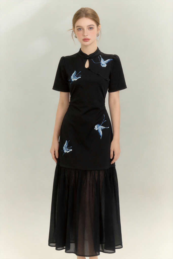 Traditional Chinese Qipao Dress with Blue Butterfly Embroidery - Elegant Oriental Maxi Dress