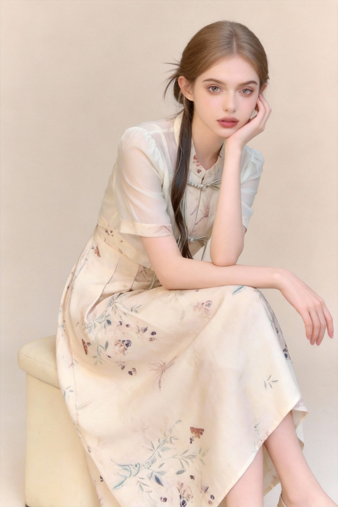 Traditional Chinese Two-Piece Set - Butterfly Print Slip Dress with Short Sleeve tops