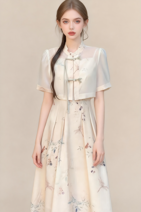 Traditional Chinese Two-Piece Set - Butterfly Print Slip Dress with Short Sleeve tops
