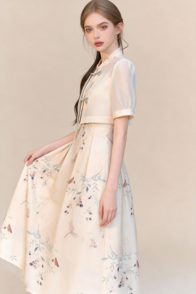 Traditional Chinese Two-Piece Set - Butterfly Print Slip Dress with Short Sleeve tops