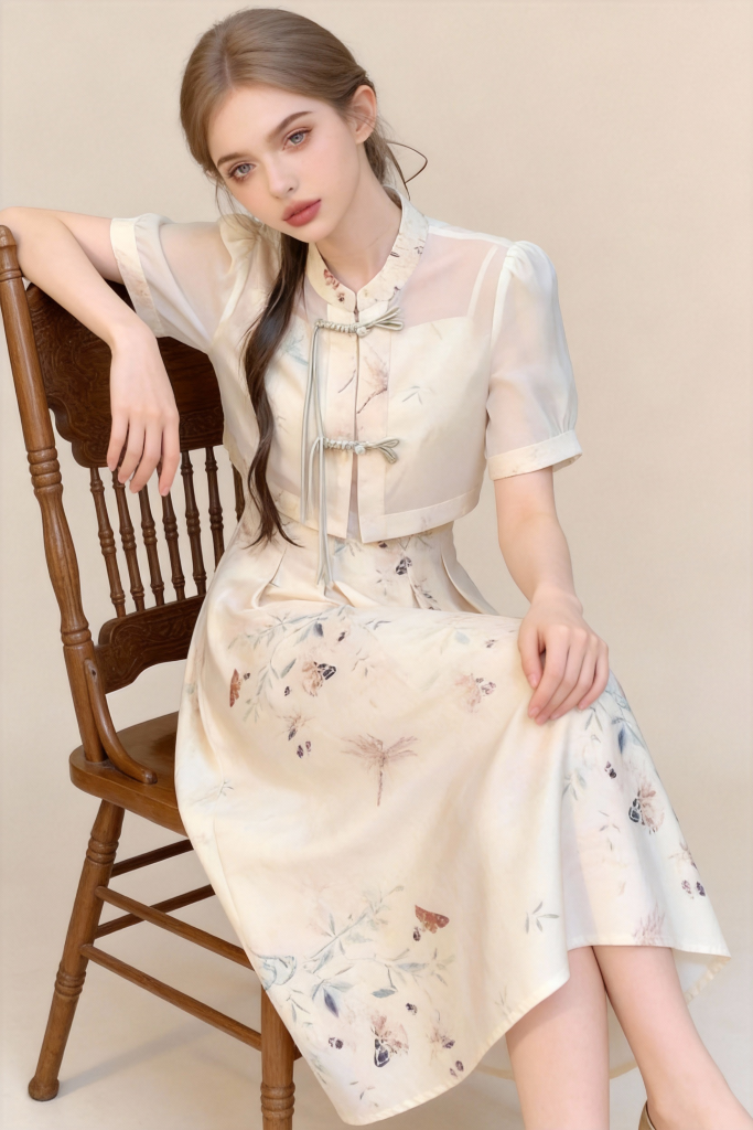 Traditional Chinese Two-Piece Set - Butterfly Print Slip Dress with Short Sleeve tops