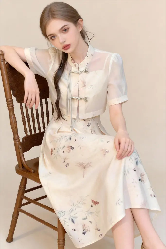 Woman wearing a Traditional Chinese Two-Piece Set - Butterfly Print Slip Dress with Short Sleeve Jacket against a plain background