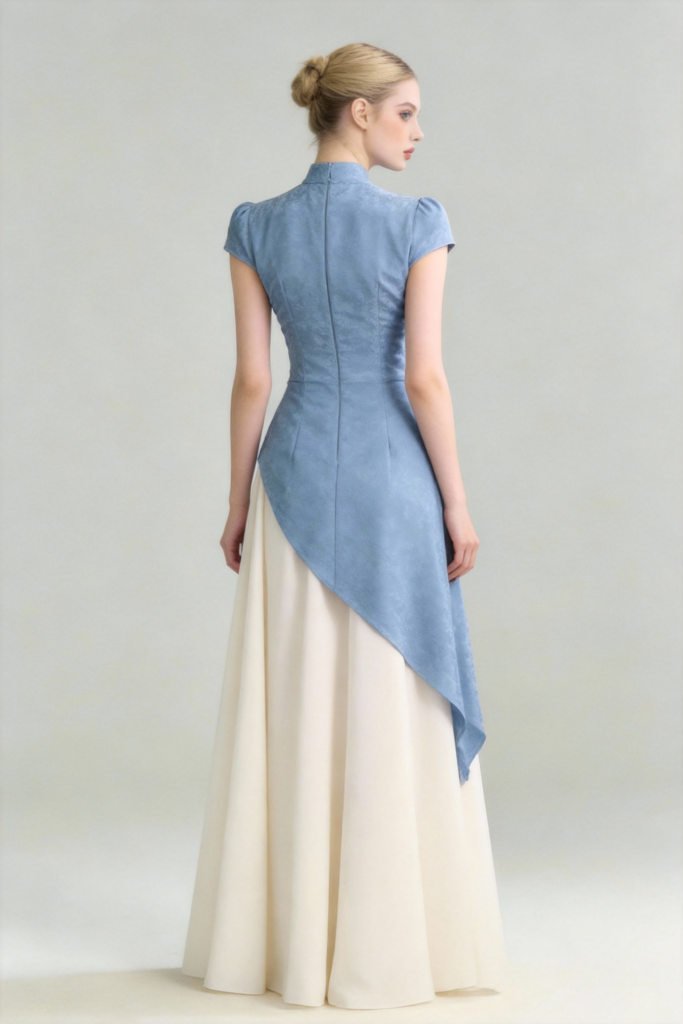 Modern Chinese Qipao Dress - Blue and White Paneled Elegant Maxi Dress