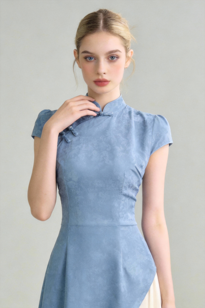 Modern Chinese Qipao Dress - Blue and White Paneled Elegant Maxi Dress