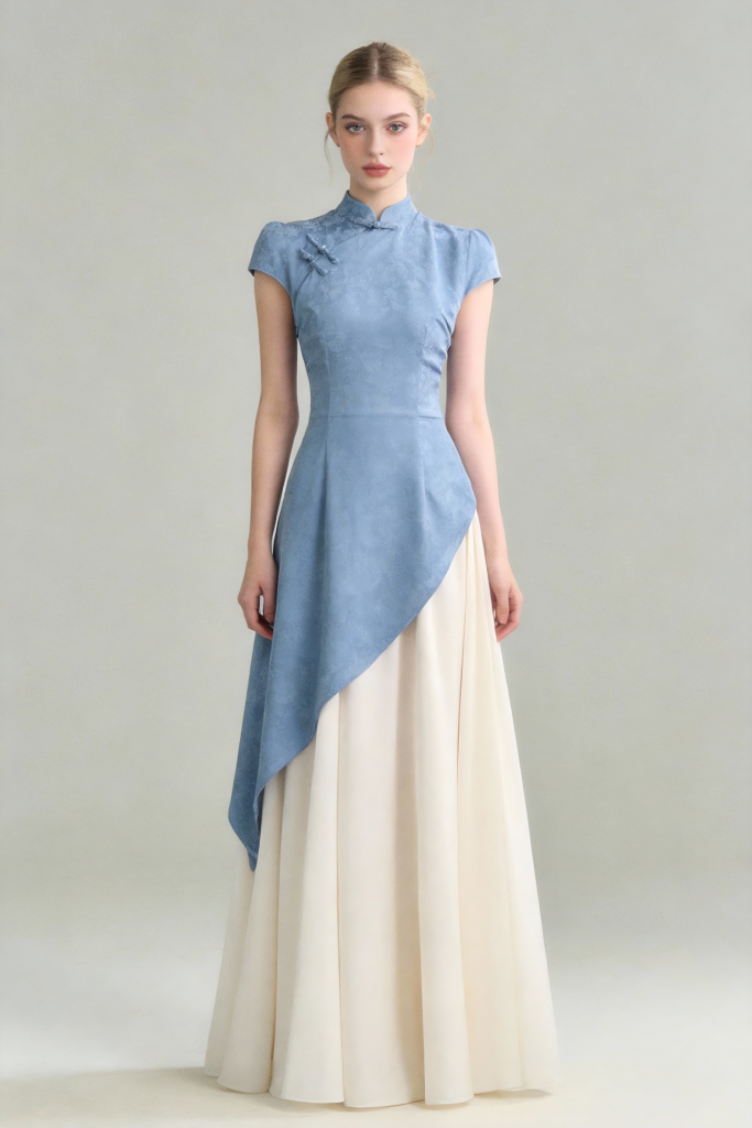 Modern Chinese Qipao Dress - Blue and White Paneled Elegant Maxi Dress