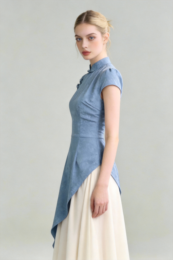 Modern Chinese Qipao Dress - Blue and White Paneled Elegant Maxi Dress