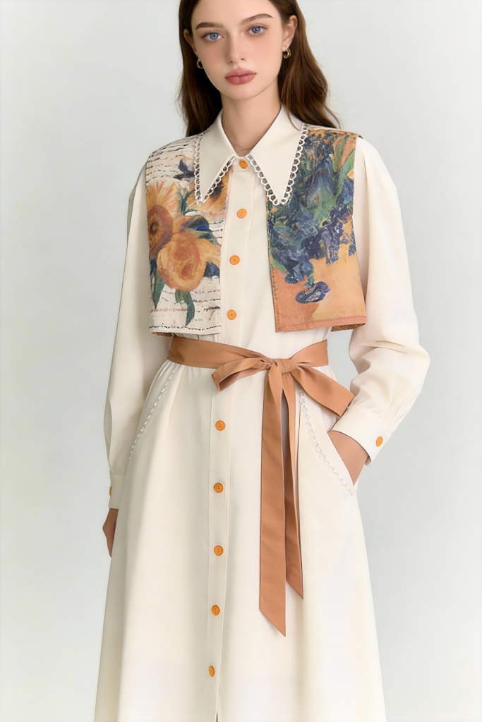 Woman wearing Vintage Artistic Print Shirt Dress with Belt - Long Sleeve Midi Dress on a light gray background