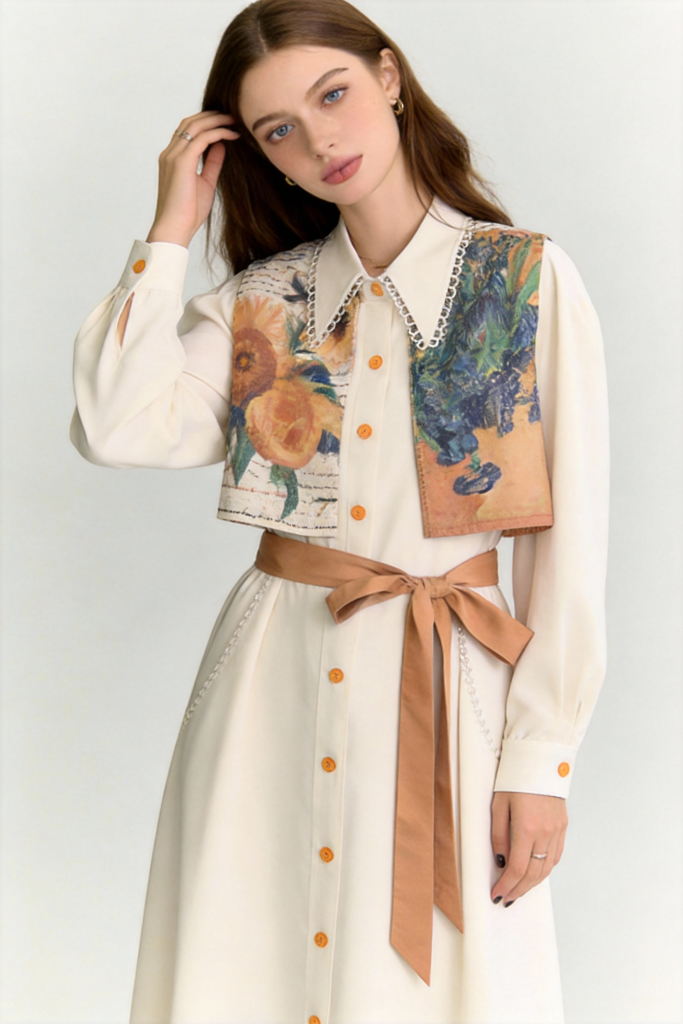 Woman wearing Vintage Artistic Print Shirt Dress with Belt - Long Sleeve Midi Dress on a light gray background