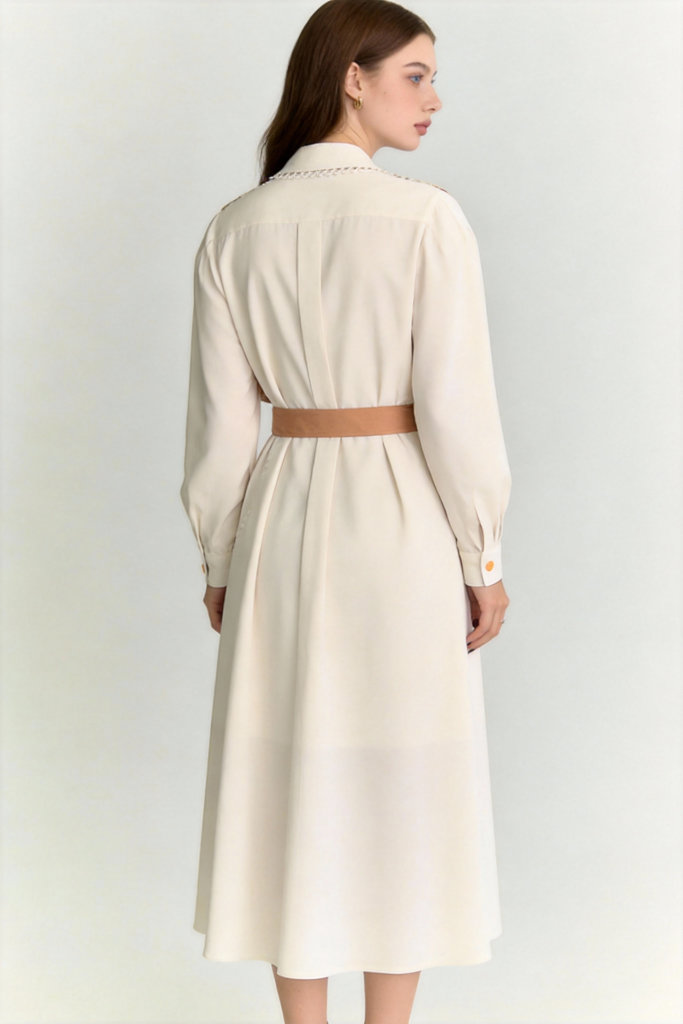 Woman wearing Vintage Artistic Print Shirt Dress with Belt - Long Sleeve Midi Dress on a light gray background