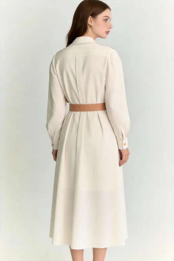 Vintage Artistic Print Shirt Dress with Belt - Long Sleeve Midi Dress