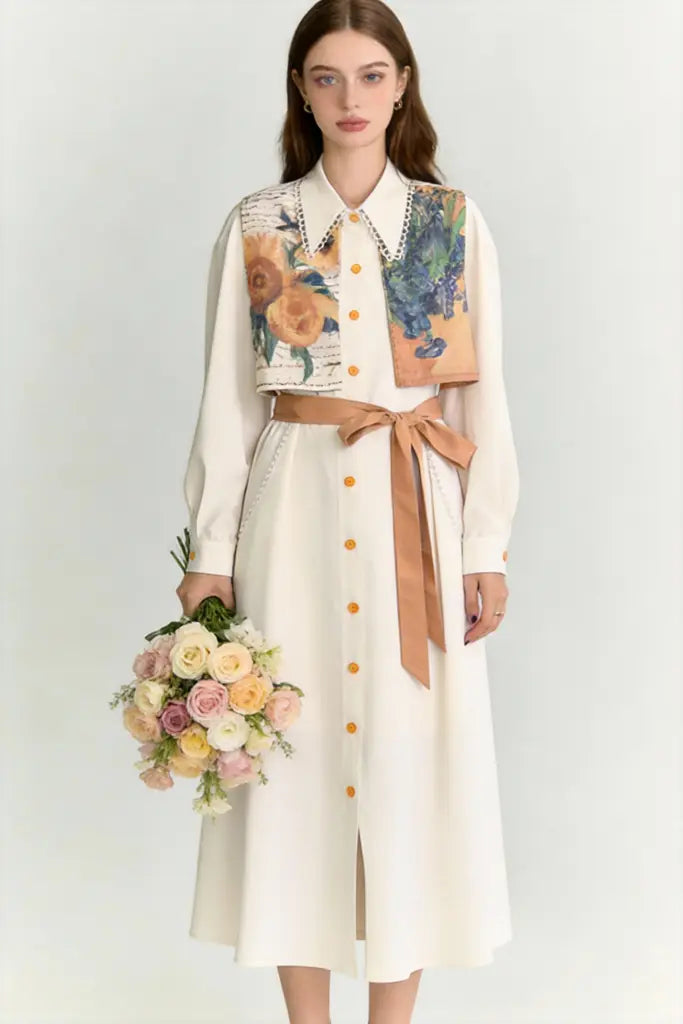 Vintage Artistic Print Shirt Dress with Belt - Long Sleeve Midi Dress