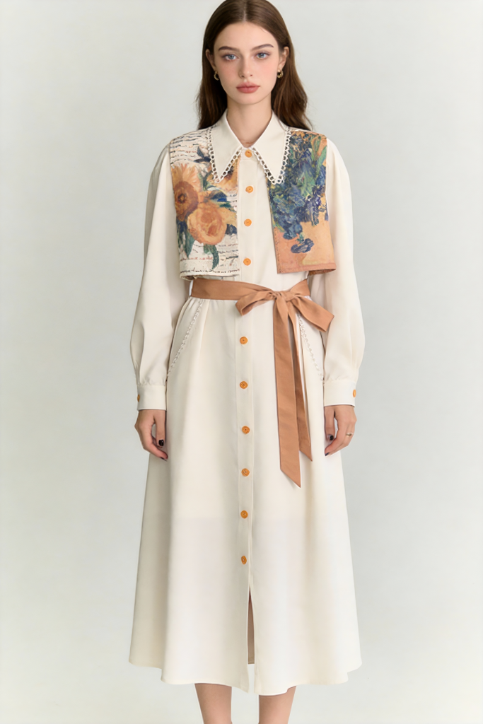 Woman wearing Vintage Artistic Print Shirt Dress with Belt - Long Sleeve Midi Dress on a light gray background