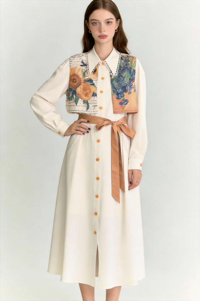 Woman wearing Vintage Artistic Print Shirt Dress with Belt - Long Sleeve Midi Dress on a light gray background