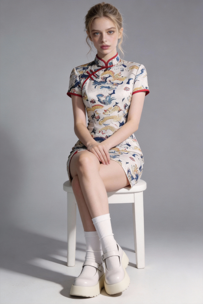 Woman wearing a Chinese Dragon Print Short Qipao Dress - Traditional Cheongsam with Modern Twist with a plain background