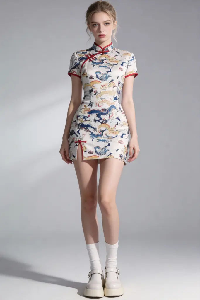 Chinese Dragon Print Short Qipao Dress - Traditional Cheongsam with Modern Twist