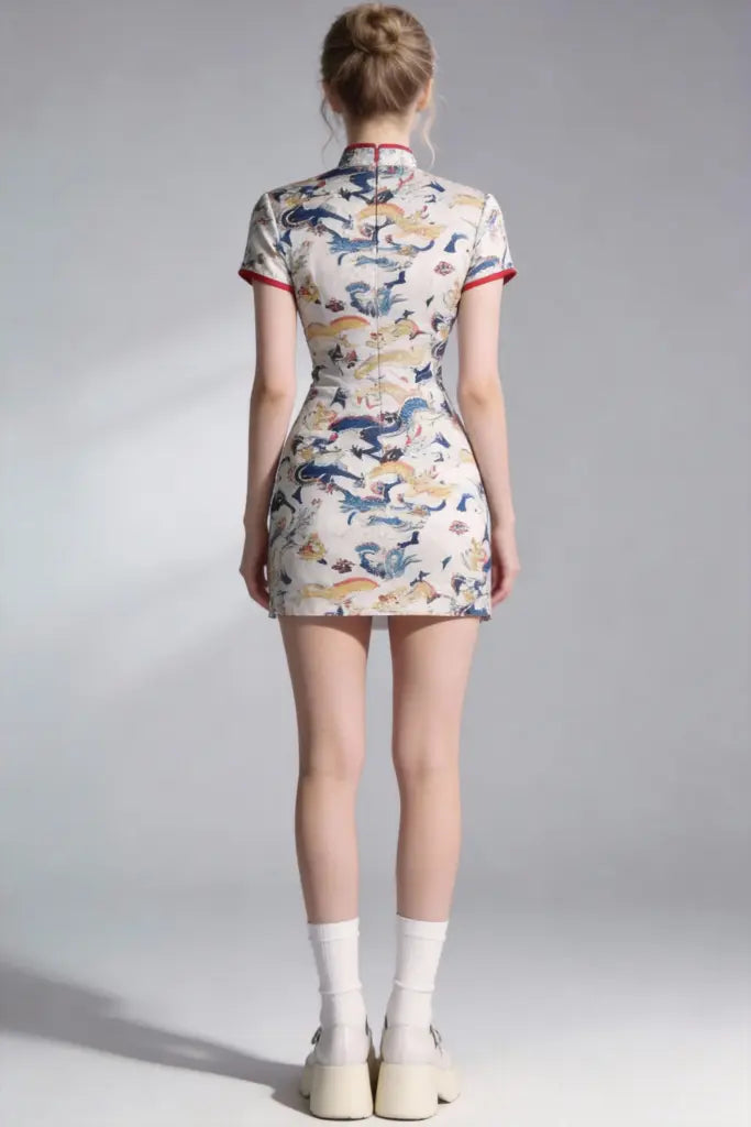 Chinese Dragon Print Short Qipao Dress - Traditional Cheongsam with Modern Twist
