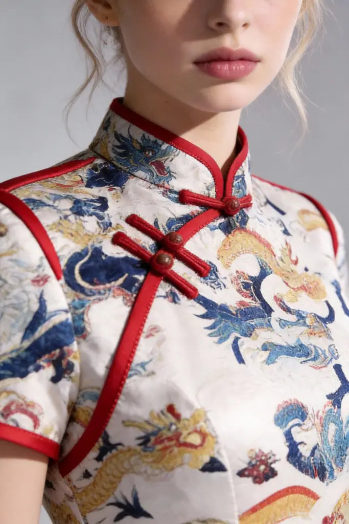Chinese Dragon Print Short Qipao Dress - Traditional Cheongsam with Modern Twist