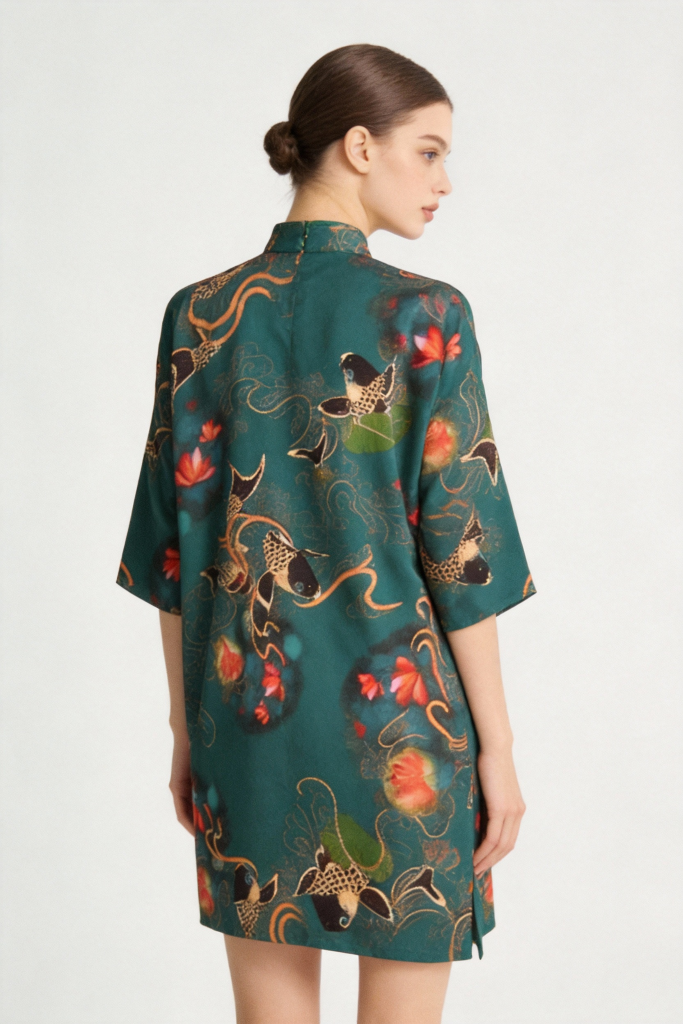 Woman wearing a Emerald Green Koi Fish & Lotus Print Qipao Dress on a white background