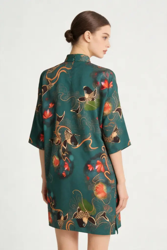 Emerald Green Koi Fish & Lotus Print Qipao Dress - Traditional Chinese Cheongsam with Modern Silhouette